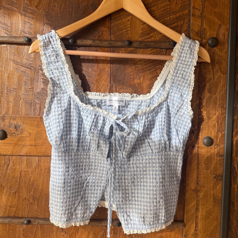 One Clothing Gingham Top Womens S Blue Cottagecore Milkmaid Coquette Peplum